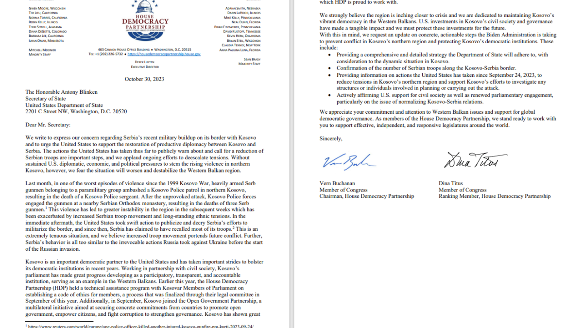 HDP Letter in Support of Kosovo's Democracy